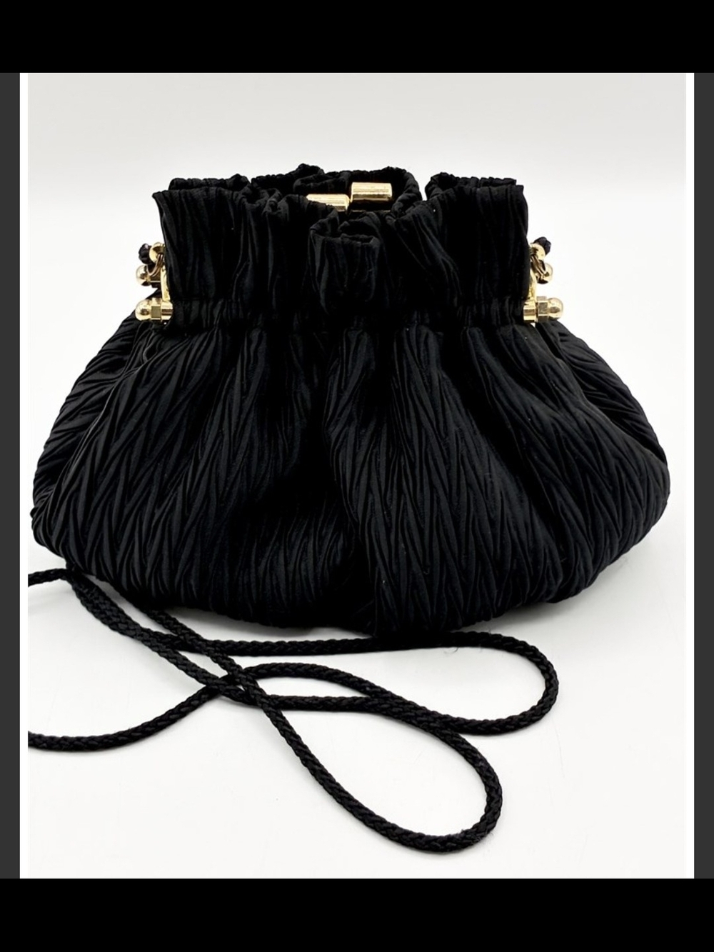 Whiting & Davis International Black Pleated Satin Evening Bag